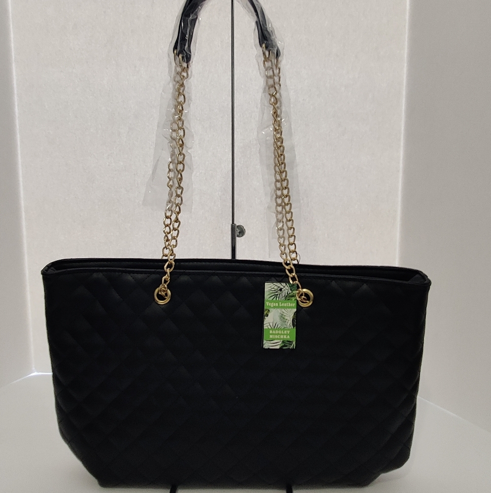 Badgley Mischka Black Vegan Leather Quilted Tote Bag BMH-108-BLK- BRAND NEW!